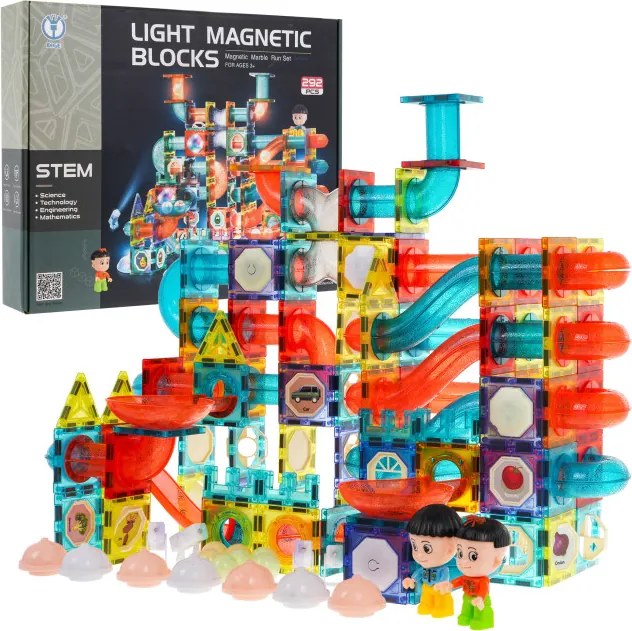 Magnetická stavebnica s guľôčkovou dráhou a svetlom - 292 dielikov