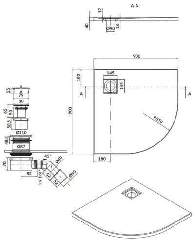 Cersanit Tako Slim, štvrťkruhová akrylátová sprchová vanička 90x90x4 cm + čierny sifón, čierna, S932-164