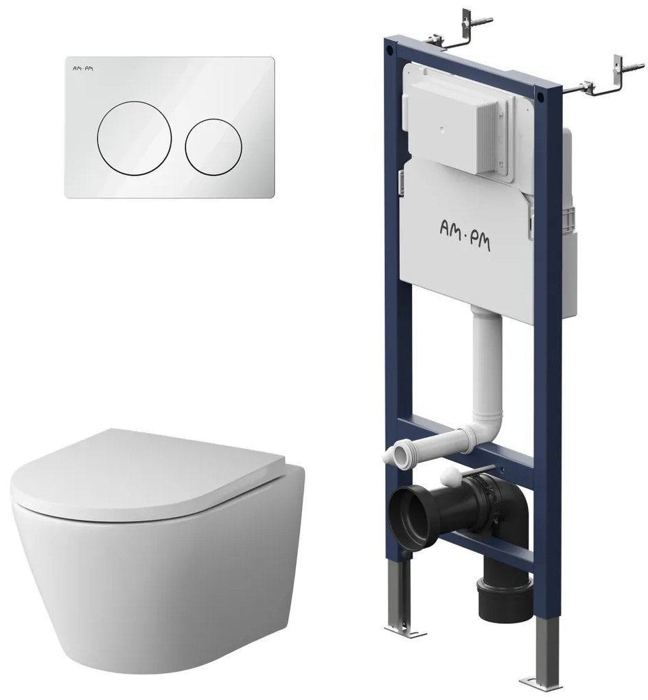Toaletný set s inštaláciou AM.PM IIS90101.NA1700 bezokrajové, so sedadlom microlift, biela mechanické tlačidlo na splachovanie