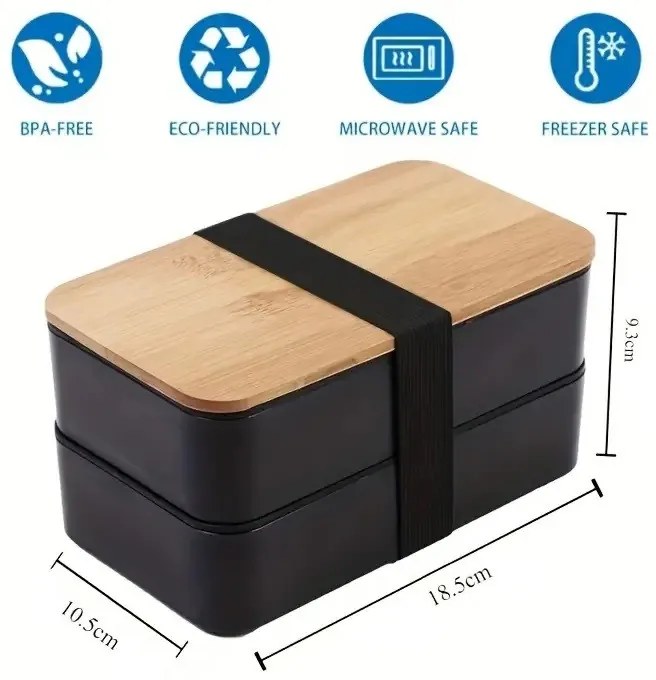 Svačinový box DUO LUNCH s príborom, čierny/bambus