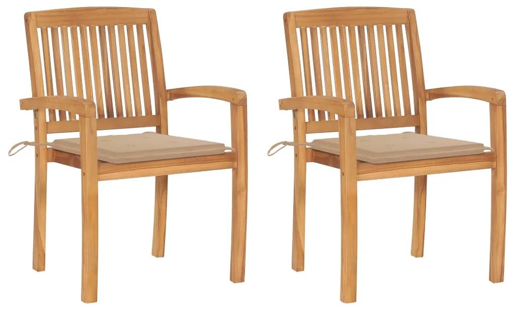 Záhradné stoličky 2 ks, béžové podložky, tíkový masív 3063255