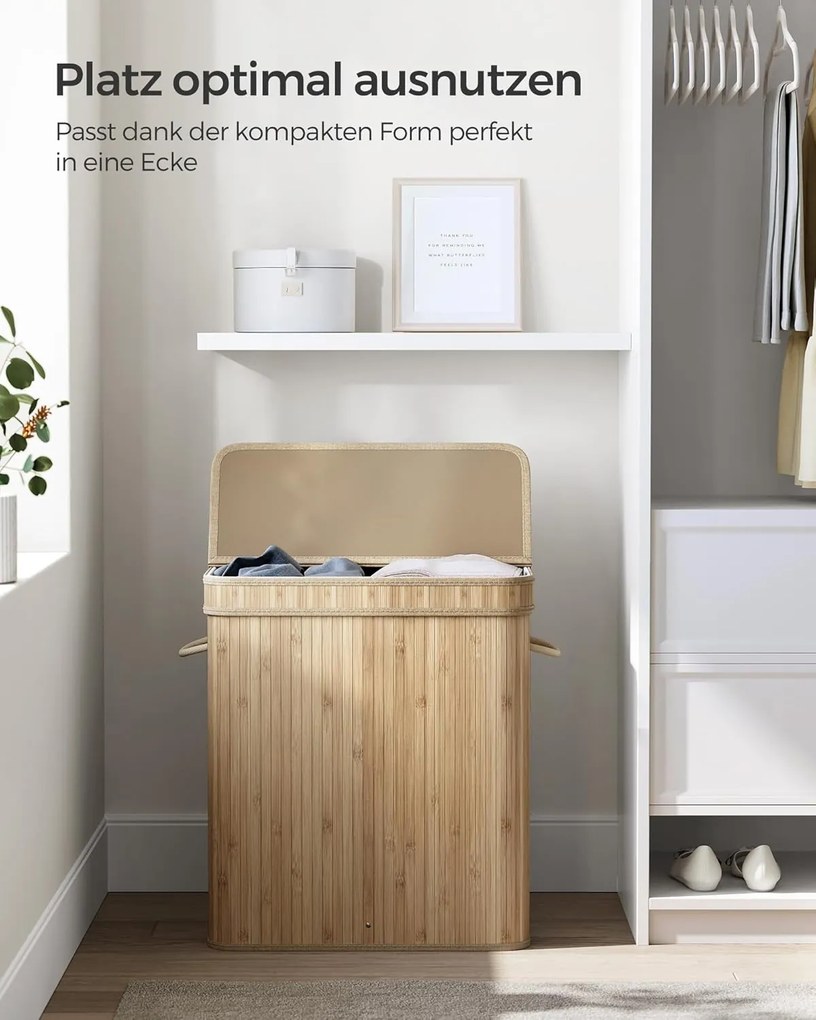 Kôš na prádlo s viečkom, 100 l bambusový zberník na bielizeň
