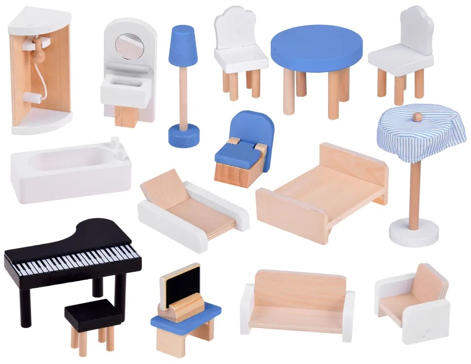 Drevený modrý domček pre bábiky + nábytok+ terasa Jokomisiada ZA5273