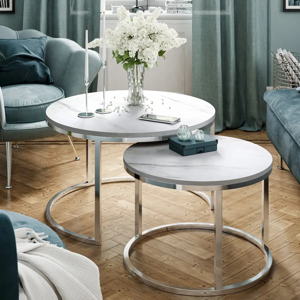 OKRÚHLY KONFERENČNÝ STOLÍK LEONARDO 2 v 1 BIELY MRAMOR + CHRÓM