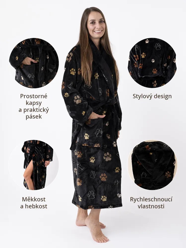 Mikroplyšový župan Ema - Labky čierne veľkosť M