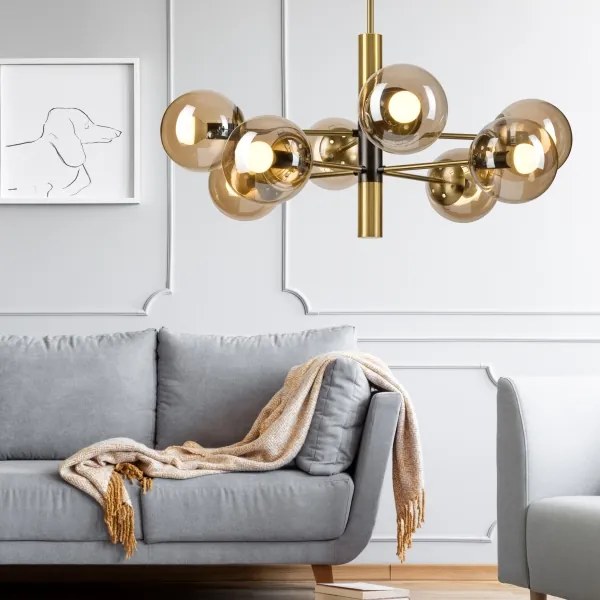 Luster na tyči ROLLO 8xE14/5W/230V zlatá/dymová béžová