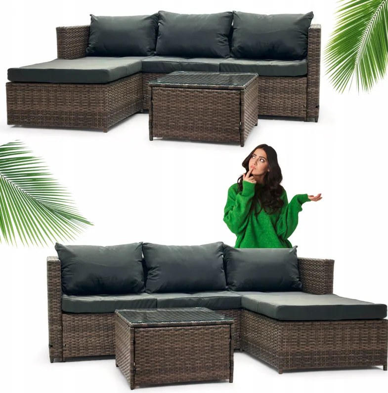 Hnedá ratanová súprava so stolíkom a sivými vankúšmi