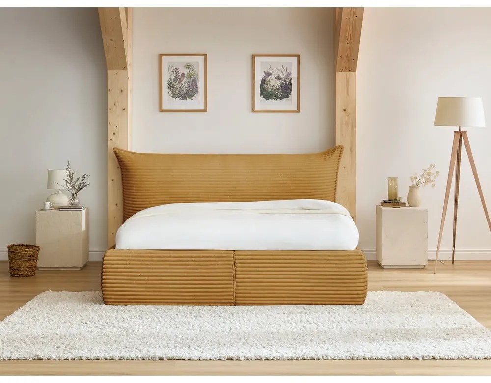 Žltá čalúnená dvojlôžková posteľ s úložným priestorom a roštom 180x200 cm Jade – Bobochic Paris