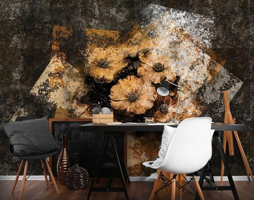 Fototapeta - Zlaté kvety - múr (152,5x104 cm)