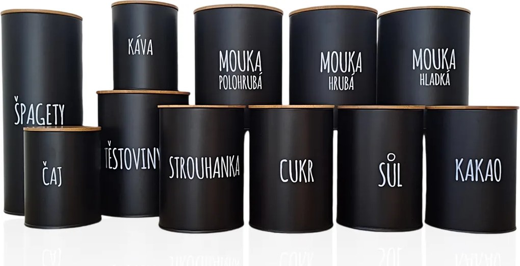 Orion 2. akosť - Dóza na potraviny, plechová, čierna, s bambusovým vekom, ŠPAGETY (zlá tlač)