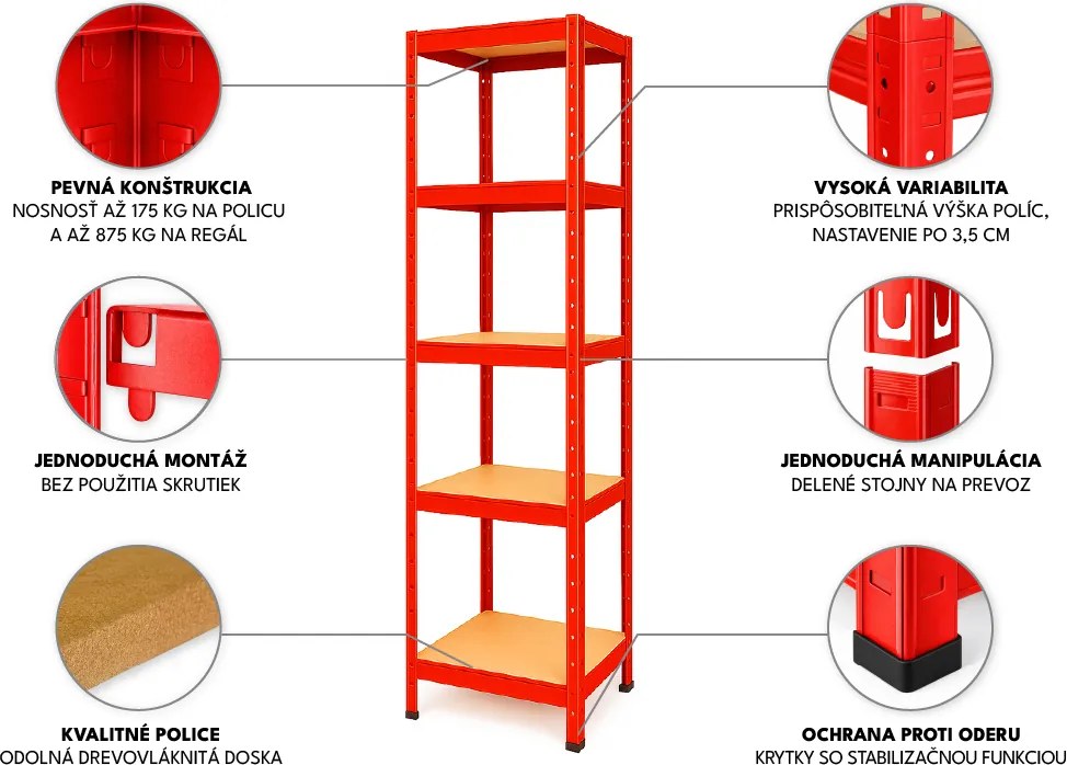 Akcia 6x Regál 180x40x40 cm lakovaný 5-policový, nosnosť 875 kg - červený - 6ks