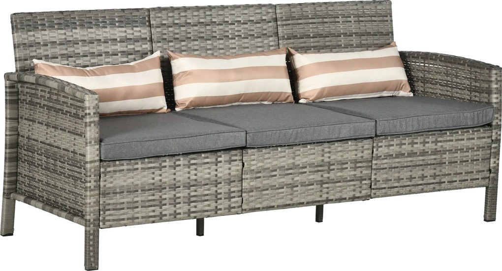Outsunny Ratanová sedačka s vankúšmi, pre 3 osoby, Záhradná lounge sedačka, Oceľ, Šedá, 173 x 68 x 78 cm | Aosom