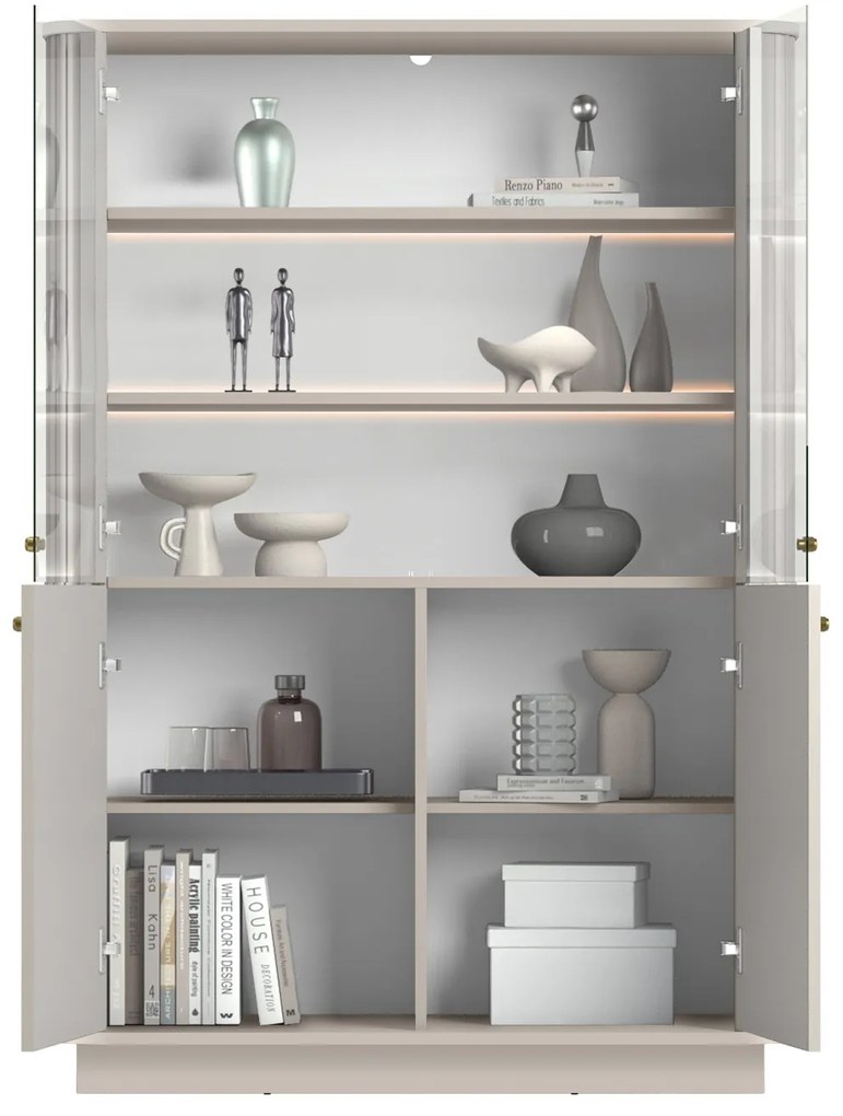 Vitrína Vesper 103 cm štvordverová na sokli - kašmír / zlaté úchytky