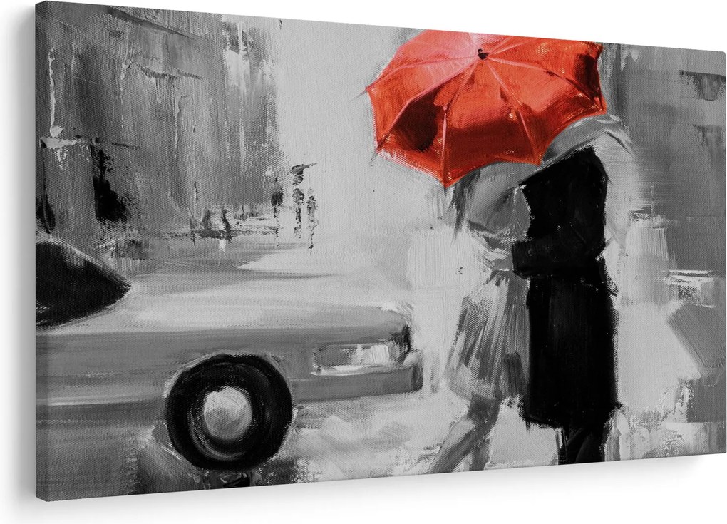 Obraz - Zamilovaný pár pod dáždnikom, červený (90x60 cm)