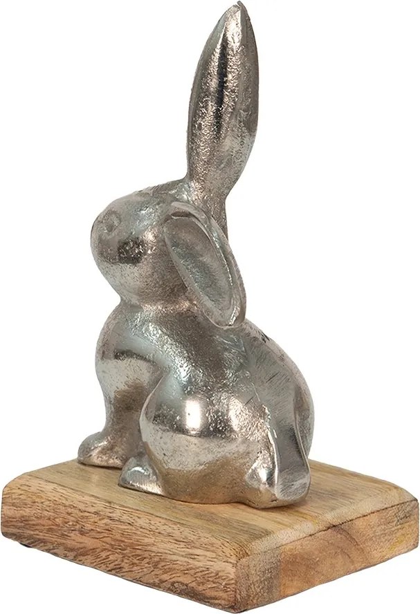 Dekorácia strieborný kovový králik na drevenom podstavci - 11*10*20 cm