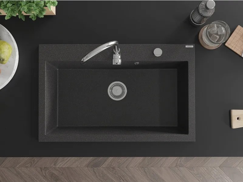 Mexen Elix granitový drez s 1 komorou 800 x 500 mm, čierny s bodkami, chrómový sifón - 6527801005-76