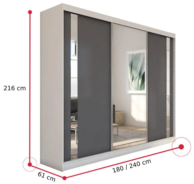 Skriňa s posuvnými dverami a zrkadlom GAJA - biela/grafit / nie / 240
