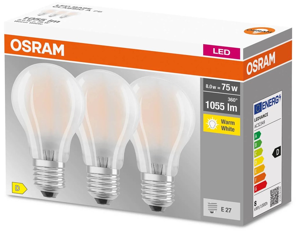 OSRAM LED E27 Base CL A 7,5W 2 700K matná 3 kusy