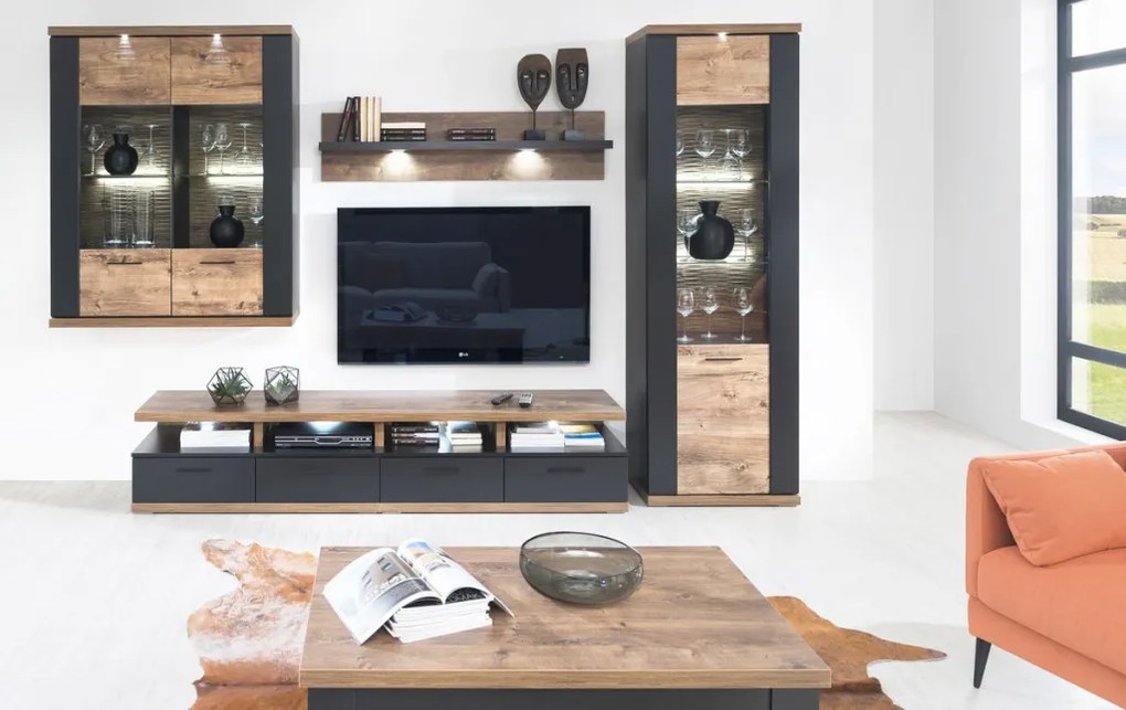 Široká nástenná vitrína Boston, čierna/dub ribbeck, s osvetlením