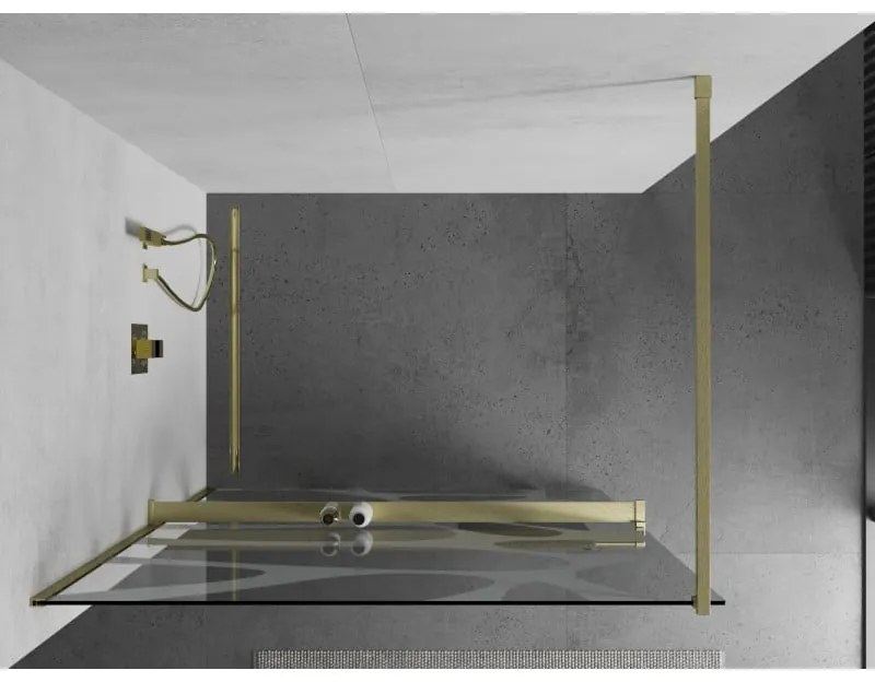 Mexen Kioto+, sprchová zástena Walk-In s poličkou a vešiakom 90 x 200 cm, 8mm číre sklo biely vzor, zlatý matný profil, 800-090-121-55-97