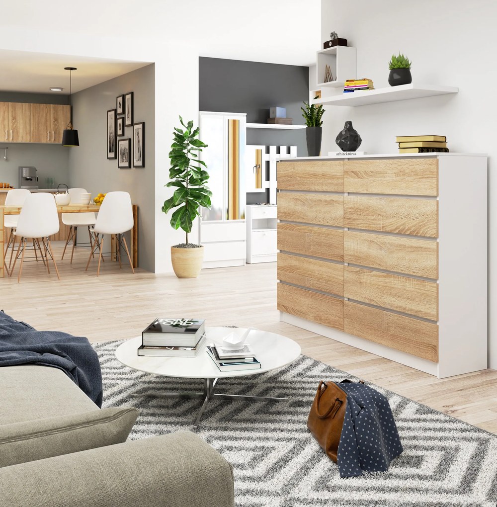 Komoda Kurtinaitis 10SZ (biela + dub sonoma). Akcia -20%. Vlastná spoľahlivá doprava až k Vám domov. 1117165