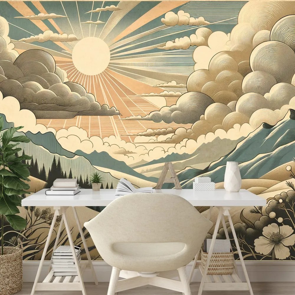 Samolepiaca tapeta retro krajina s horami a slnkom
