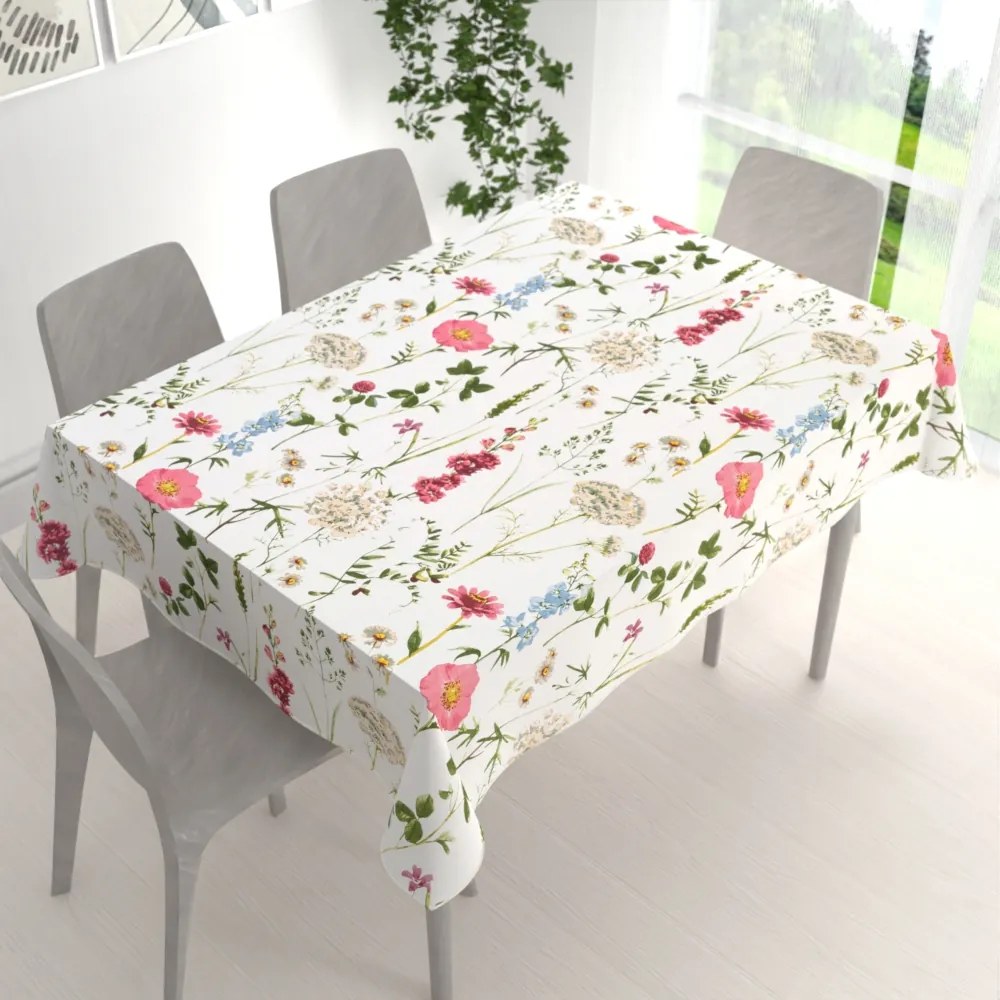 Biante Bavlnený obdĺžnikový obrus Sandra SA-667 Veľké lúčne kvety na bielom 50x100 cm