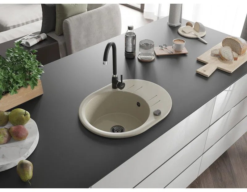 Mexen Kevin, drez granitový 586x458x190 mm, 1-komorový a čierna matná batéria Telma, béžová, 6517-69-670200-70