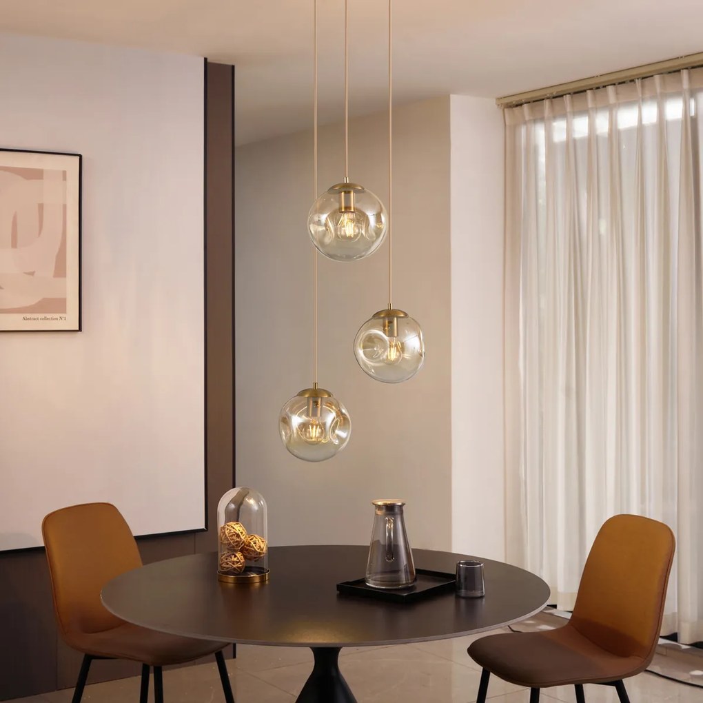 Art Deco závesná lampa mosadzná s jantárovým sklom 3-svetlá - Douglass