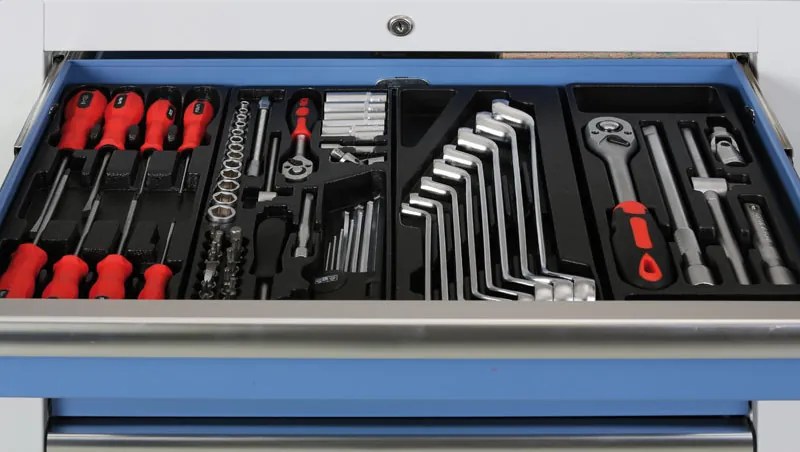 Zásuvkový dielenský box k pracovnej doske G2, 4 zásuvky, 680 x 455 x 910 mm, modrá