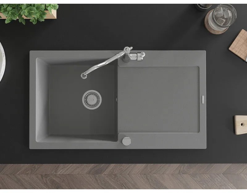 Mexen Leo, granitový drez 900x500x190 mm, 1-komorový a drezová batéria Carla, šedá, 6501-71-670700-00