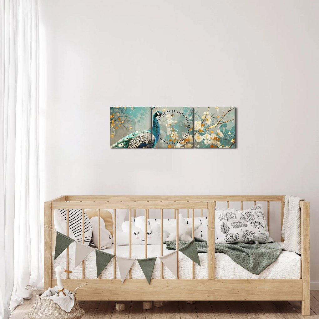Obraz - Páv so zlatým dekorom (s hodinami) (90x30 cm)