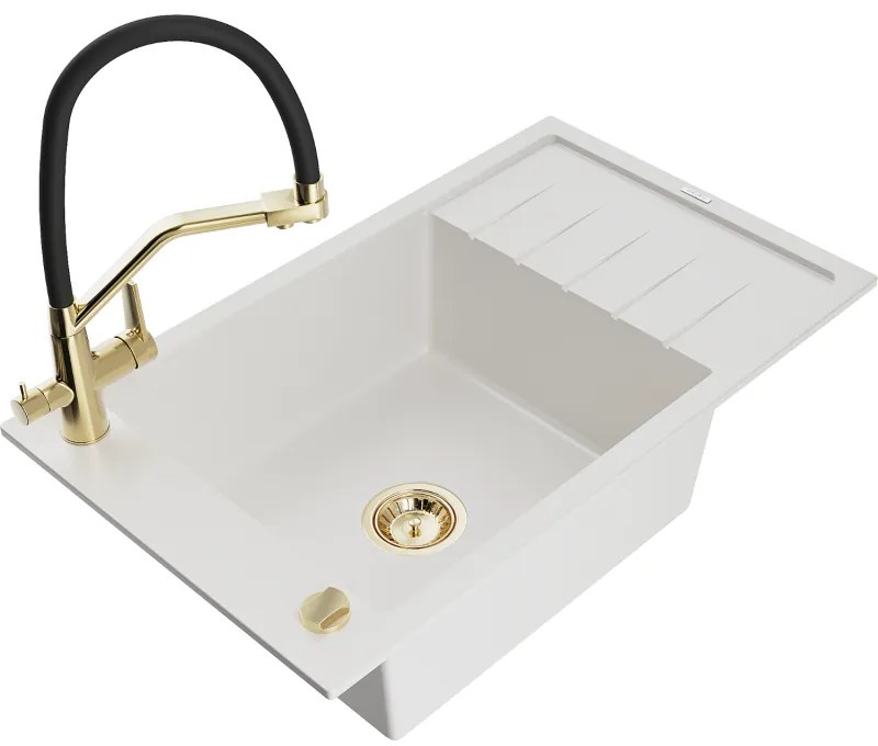 Mexen Elias, 1-komorový granitový drez 795x480x200 mm a drezová batéria Duo, biela, 6511-20-671701-57-G