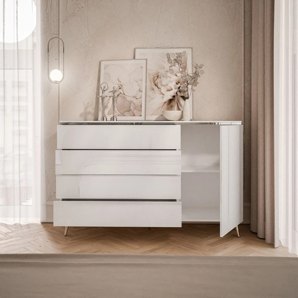 KOMODA NESSIE 3 SO ŠUPLÍKMI BIELY LESK + STRIEBORNÁ 140 cm