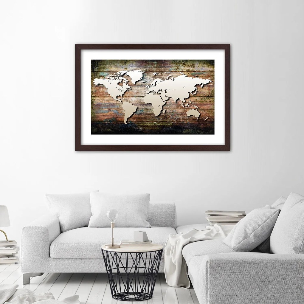 Gario Plagát Mapa sveta na starých doskách Farba rámu: Bez rámu, Rozmery: 90 x 60 cm