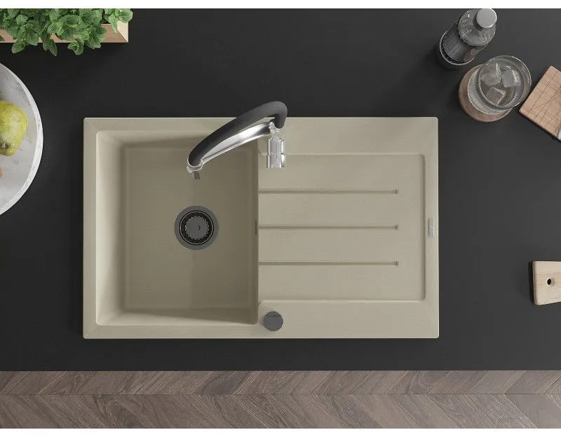 Mexen Bruno, 1-komorový granitový drez 795x495x200 mm a drezová batéria Aster, béžová, 6513-69-73450-07-B
