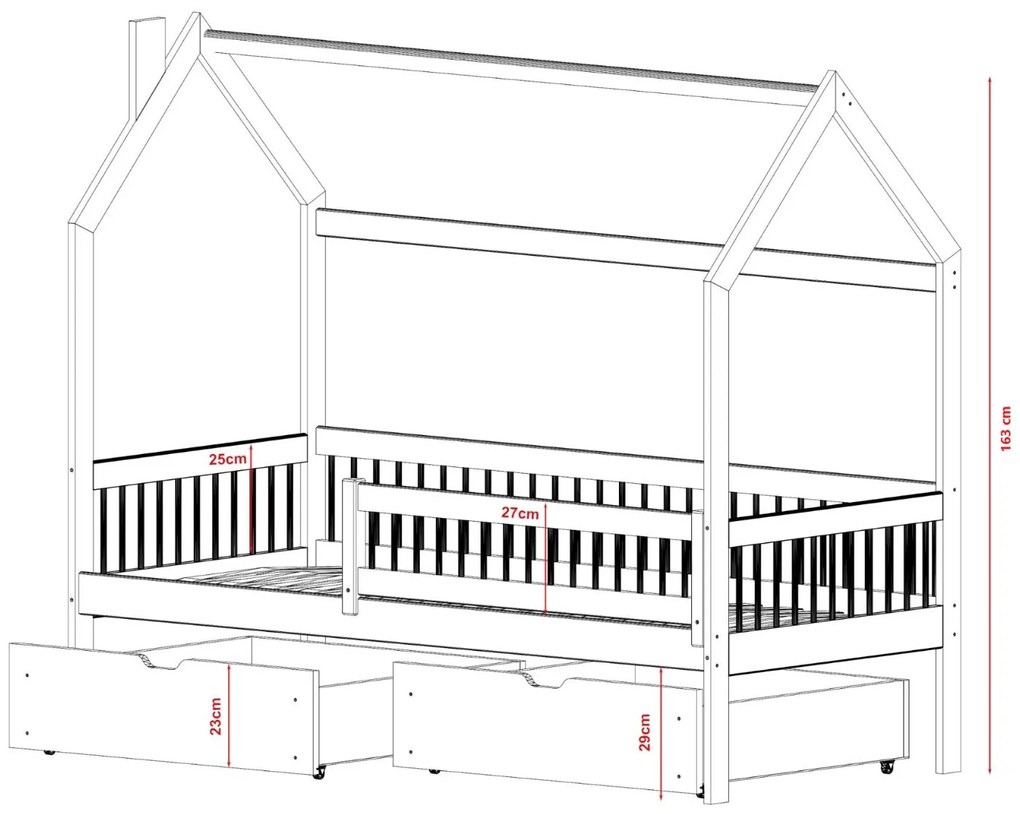 Detská domčeková posteľ so šuplíkmi OTAKAR - 200x90 cm - prírodná borovica