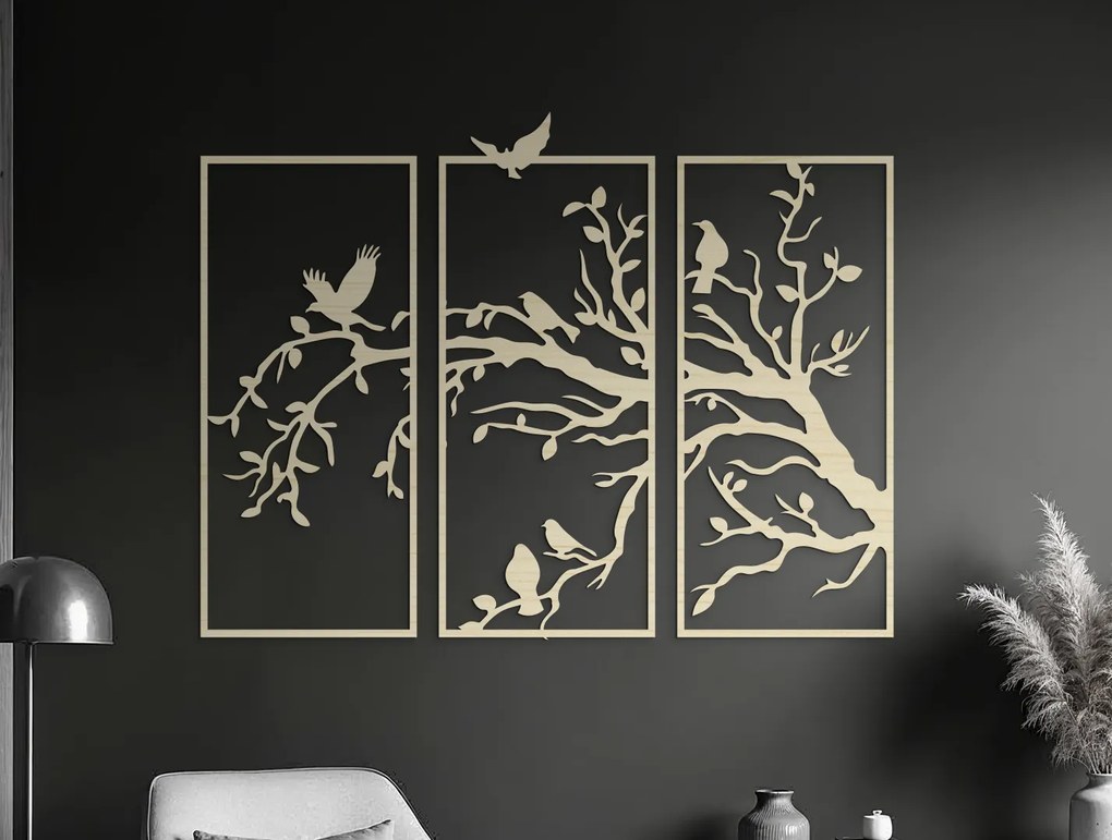 drevko 3-dielny drevený obraz Vtáky na strome Rozmer obrazu: 44,5 x 58,5 cm, Farba dekorácie: Čierna