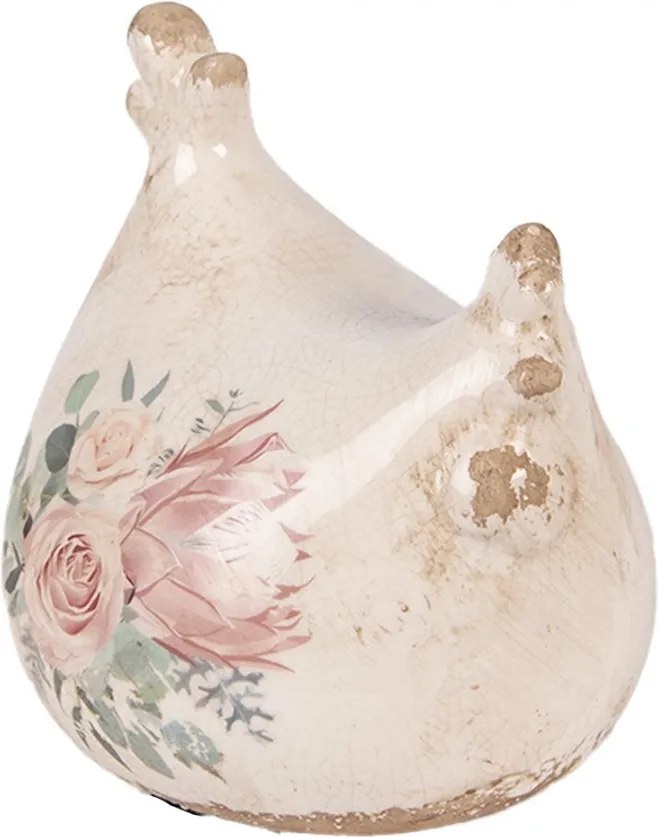 Béžová antik keramická sliepočka s kvetmi Protea Eucalypt - 12*11*13 cm