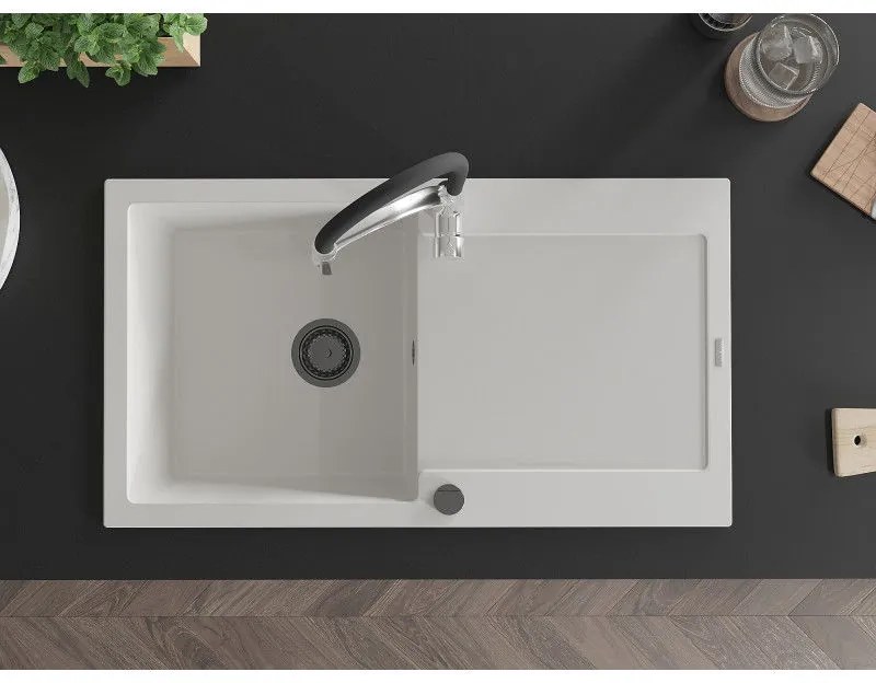 Mexen Leo, granitový drez 900x500x190 mm, 1-komorový a drezová batéria Aster, biela, 6501-20-73450-07-B