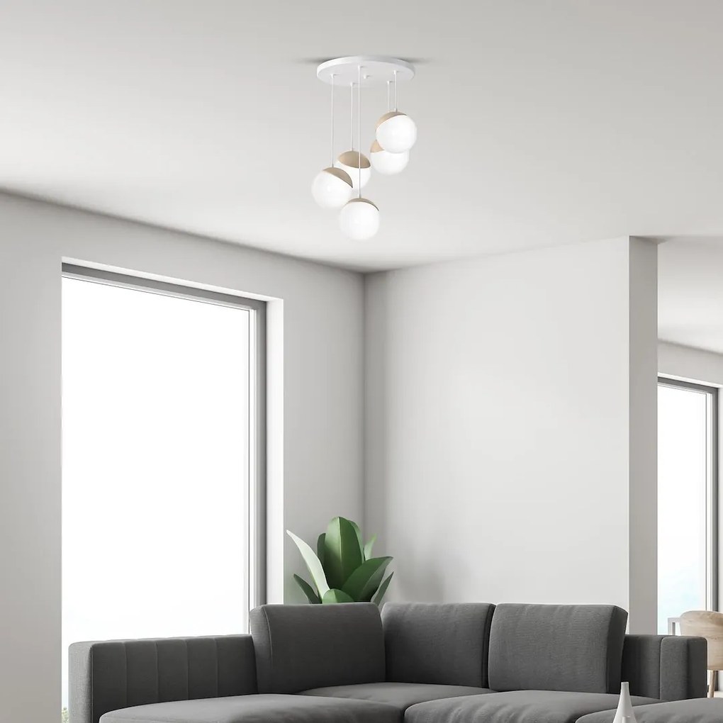 Závesné svietidlo Sfera, 5x biele sklenené tienidlo, w/drevo, o