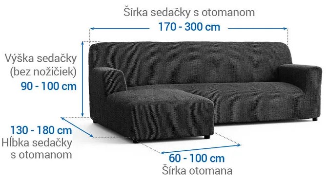 Bielastické poťahy COSTINA antracit sedačka s otomanom vľavo (š. 170 - 300 cm)