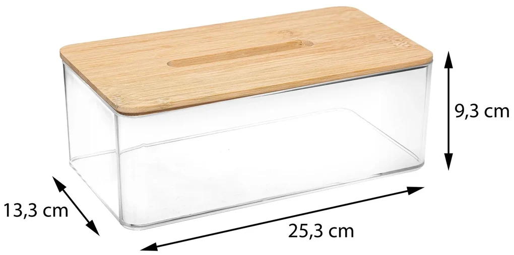 Box na vreckovky Selena, 25,3x9,3x13,3 cm, číra/s drevenými prvkami