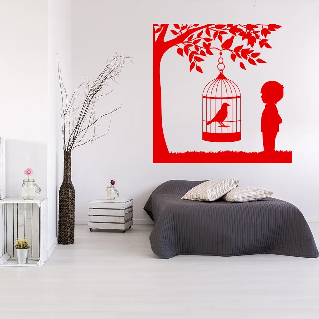 Veselá Stena Samolepka Vtáčik v klietke na strome Farba: hnedá, Veľkosť: 40 x 40 cm