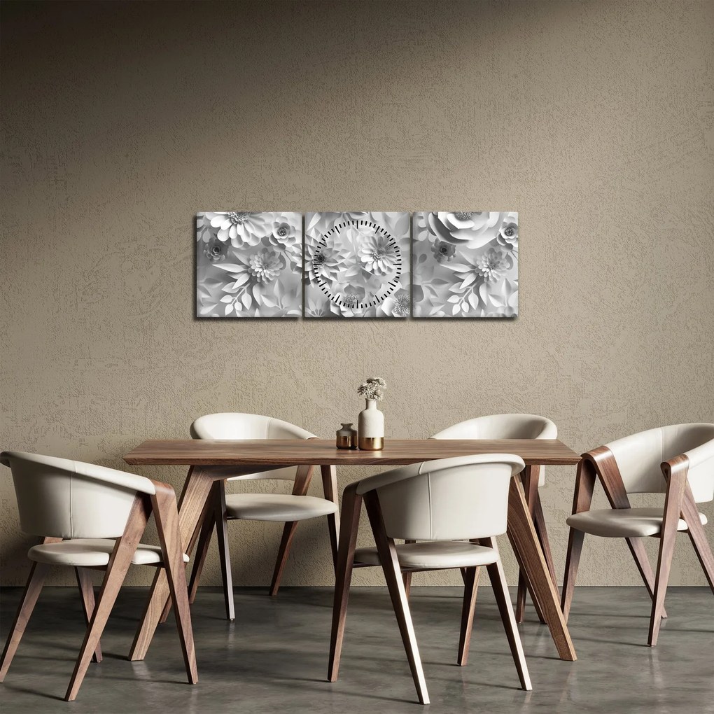 Obraz - Biele kvety (s hodinami) (90x30 cm)