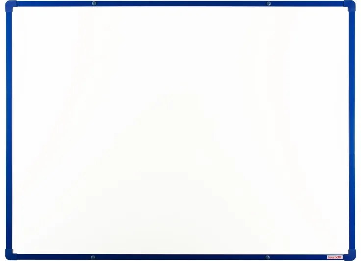 Biela magnetická popisovacia tabuľa s keramickým povrchom boardOK, 1200 x 900 mm, modrý rám