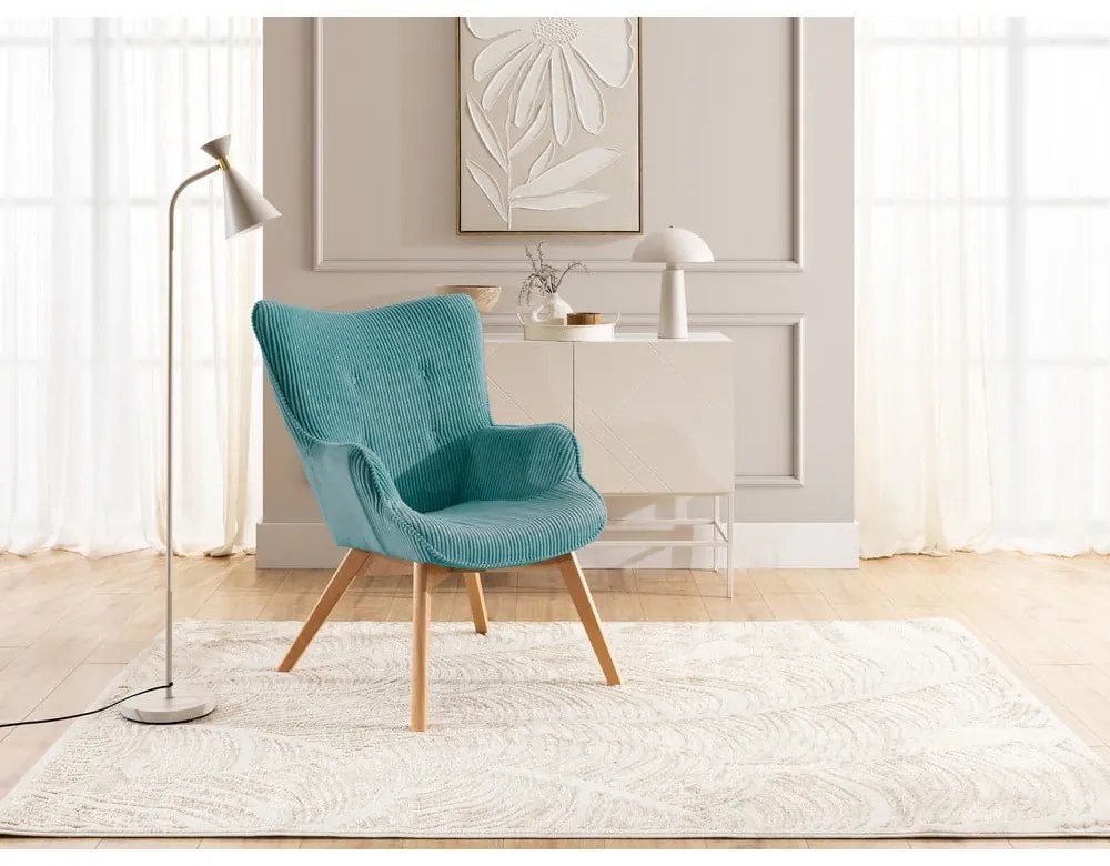 Tyrkysové menčestrové kreslo s podnožkou Niko – Ropez