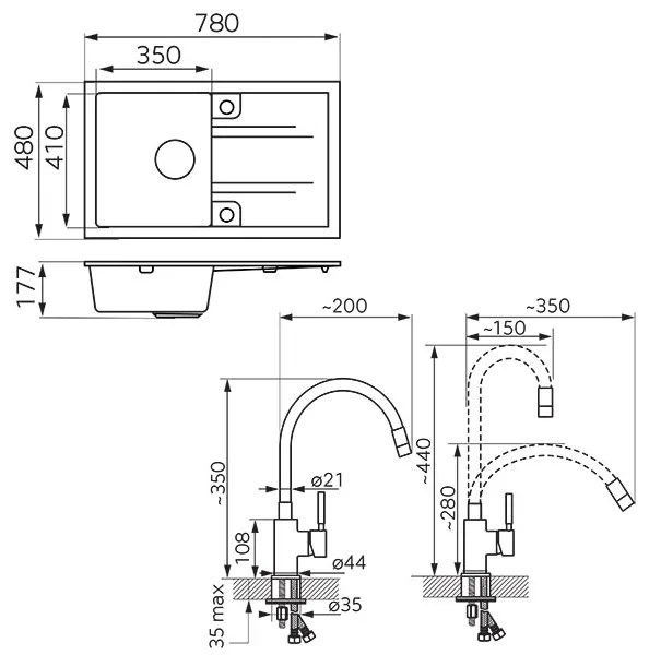 Novaservis Drezy - sada granitový drez + flexi batéria Ferro Zumba BZA4B, 1-komorový 780x480 mm, grafitová lesk, DRGM48/78HA-SET1-PL