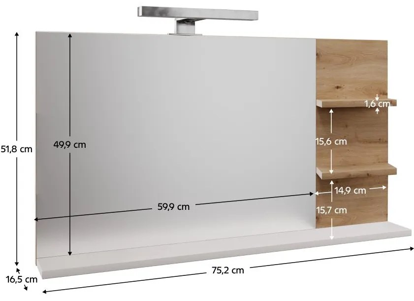 Zrkadlo s LED osvetlením Cubin 04 (biela + dub artisan). Vlastná spoľahlivá doprava až k Vám domov. 1119513