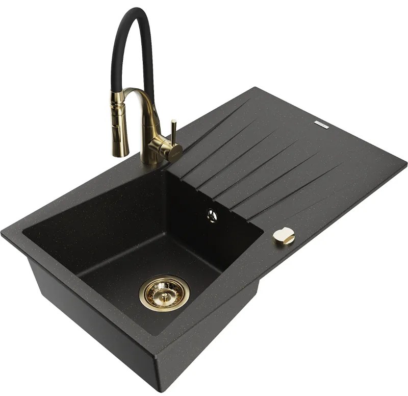 Mexen Cesar, 1-komorový granitový drez 775x470x190 mm a drezová batéria Aster, čierna-zlatá metalíza, 6514-75-73450-57-G
